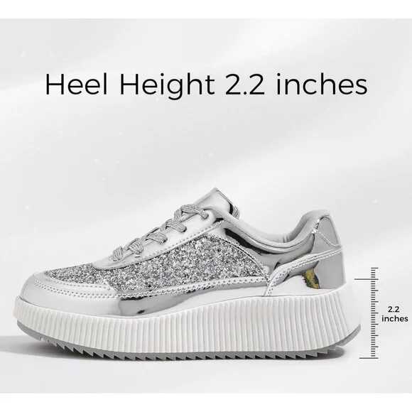 Lucky Step Women's Silver Platform Sneakers Rhinestone Fashion Chunky Shoes - Picture 4 of 9